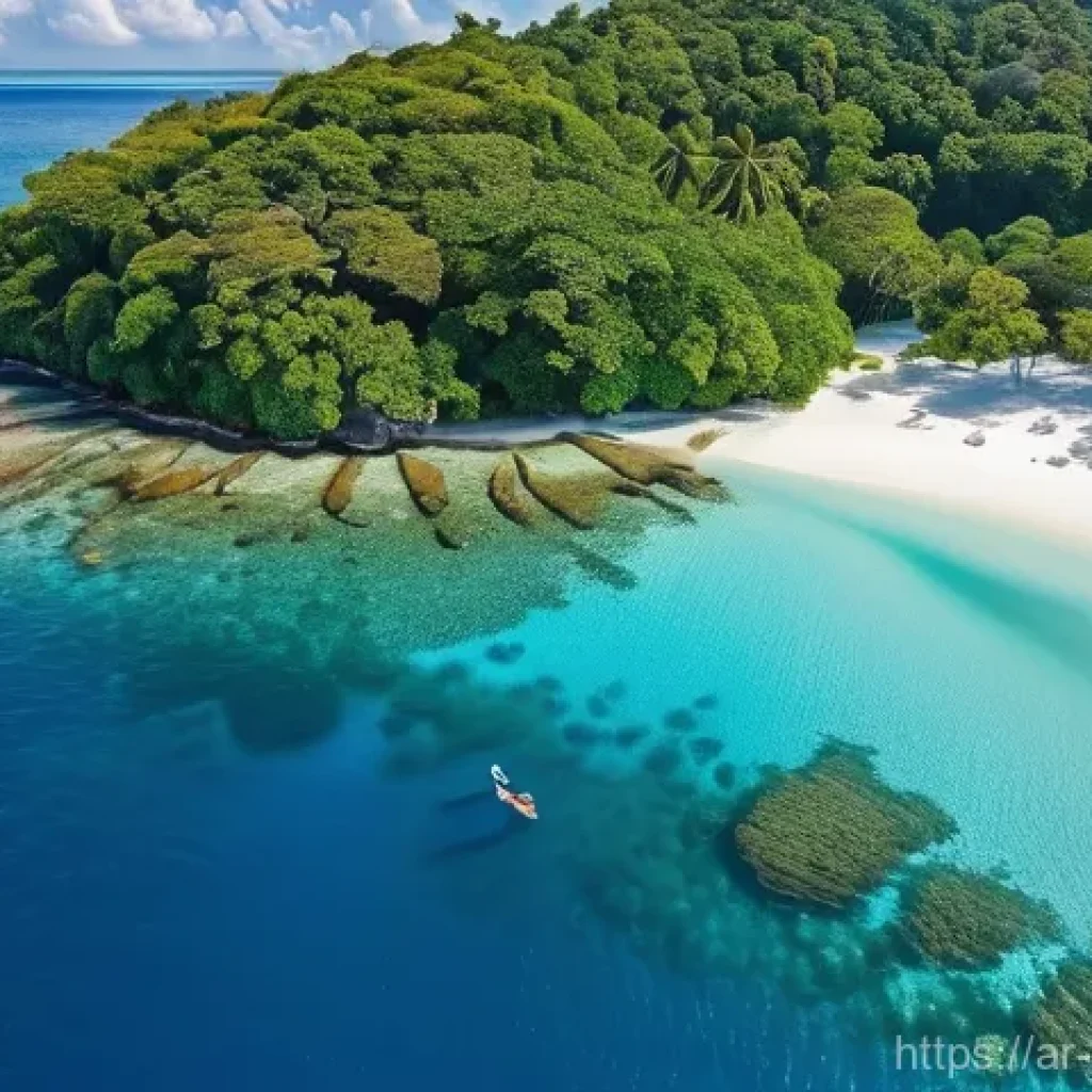 말레이시아의 코타키나발루 명소 - **Prompt:** A vibrant aerial view of a pristine tropical island from Tunku Abdul Rahman Marine Park,...