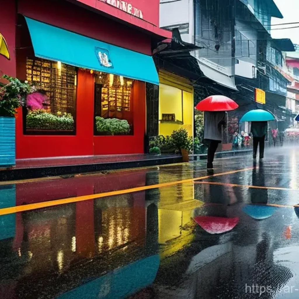 말레이시아 여행 시 날씨 정보 - **Prompt: "A bustling Kuala Lumpur street scene during a sudden tropical downpour. Pedestrians, dres...