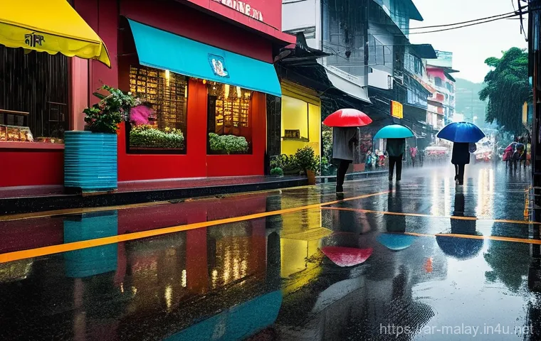 말레이시아 여행 시 날씨 정보 - **Prompt: "A bustling Kuala Lumpur street scene during a sudden tropical downpour. Pedestrians, dres...