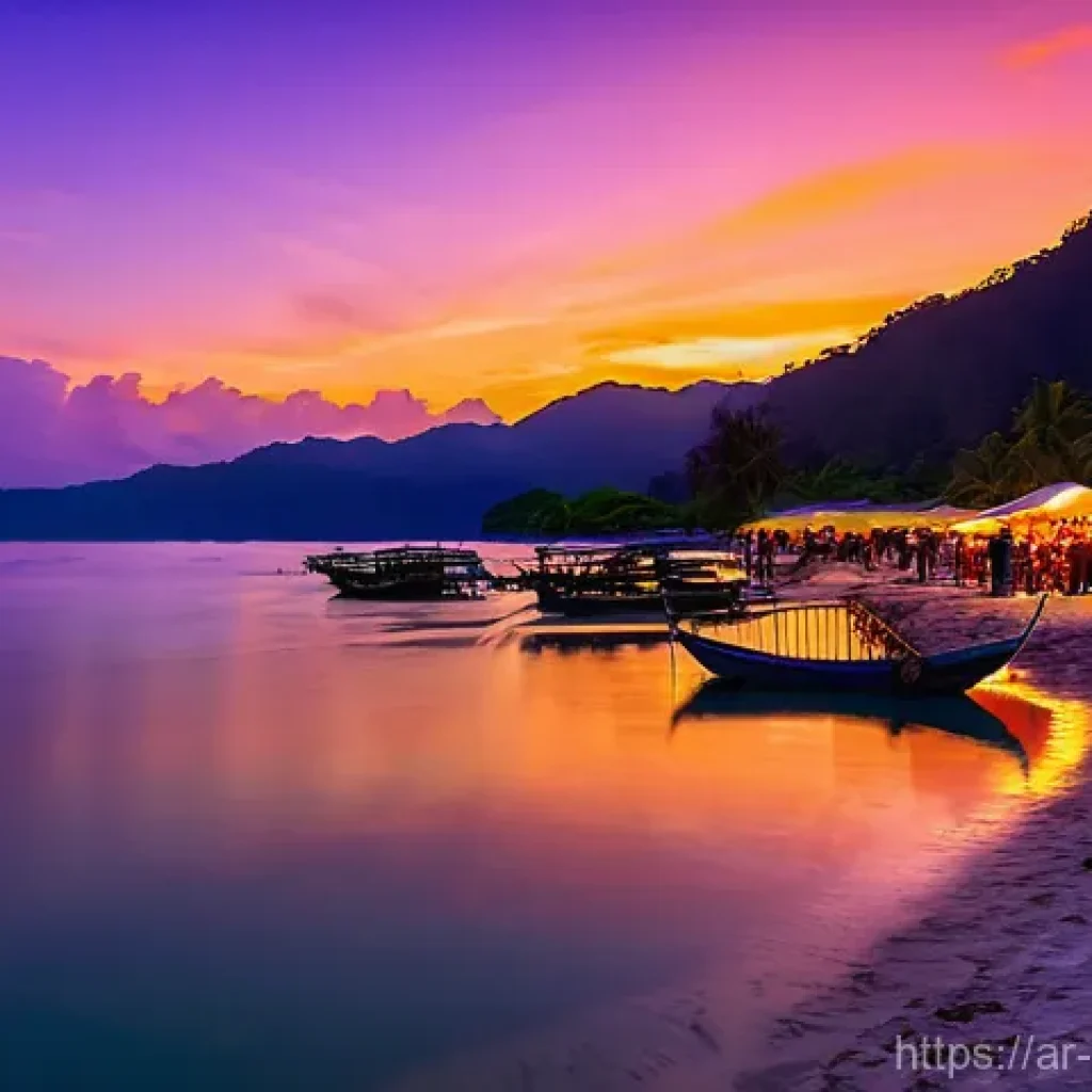 말레이시아 내 인기 해변 추천 - Malaysian Coastal Evening Glow**

A vibrant and family-friendly evening scene on a Malaysian beach, ...