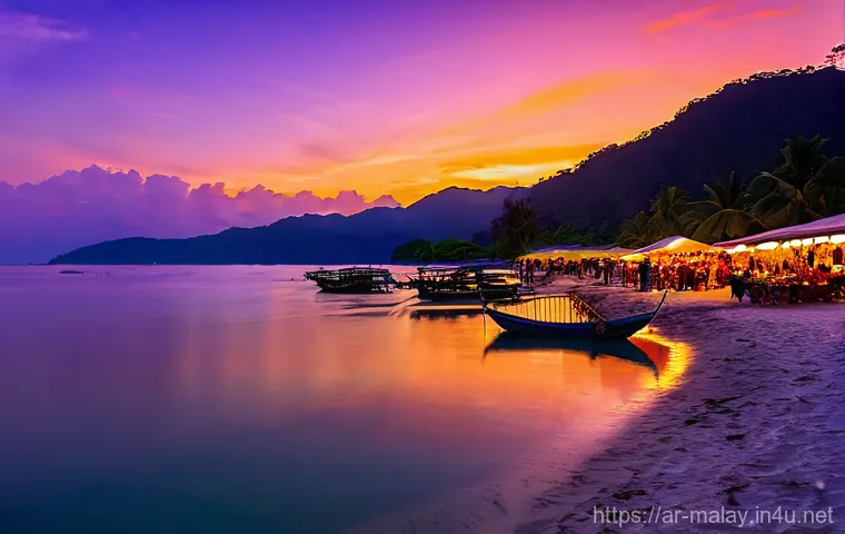 말레이시아 내 인기 해변 추천 - Malaysian Coastal Evening Glow**

A vibrant and family-friendly evening scene on a Malaysian beach, ...