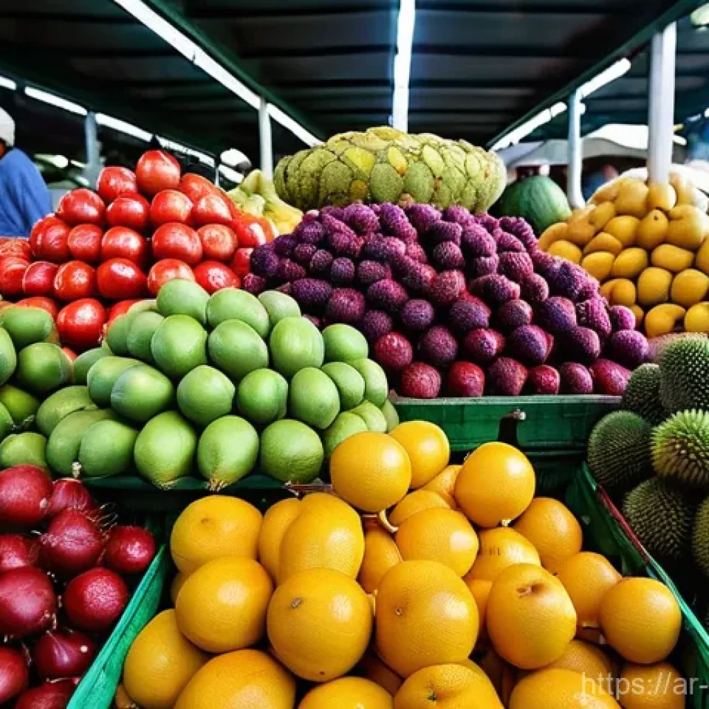 말레이시아 현지 슈퍼마켓에서 장보기 - **Vibrant Malaysian Tropical Fruit Market**
    A high-resolution, photorealistic image showcasing a...