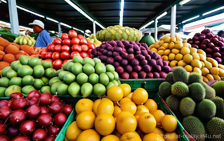 말레이시아 현지 슈퍼마켓에서 장보기 - **Vibrant Malaysian Tropical Fruit Market**
    A high-resolution, photorealistic image showcasing a...