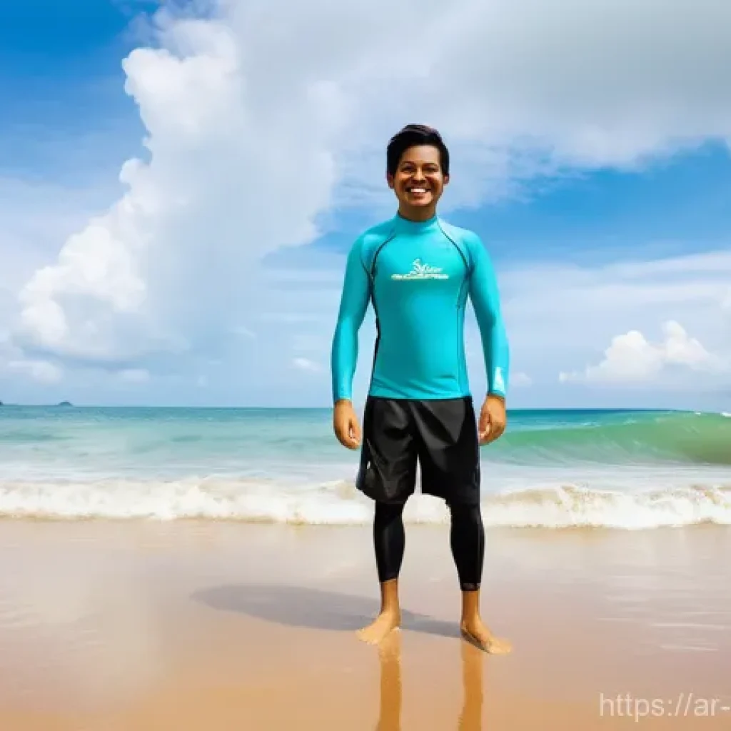 말레이시아 초보자를 위한 서핑 가이드 - **"First Wave Joy in Cherating"**: A vibrant, wide-angle shot of a young adult, appearing to be an A...