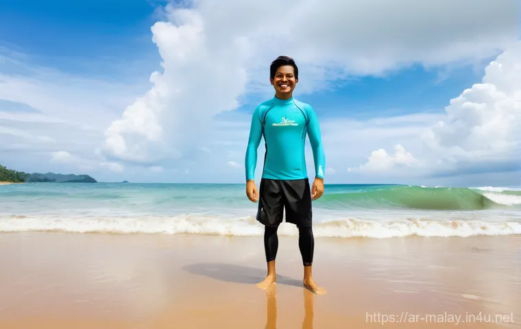 말레이시아 초보자를 위한 서핑 가이드 - **"First Wave Joy in Cherating"**: A vibrant, wide-angle shot of a young adult, appearing to be an A...