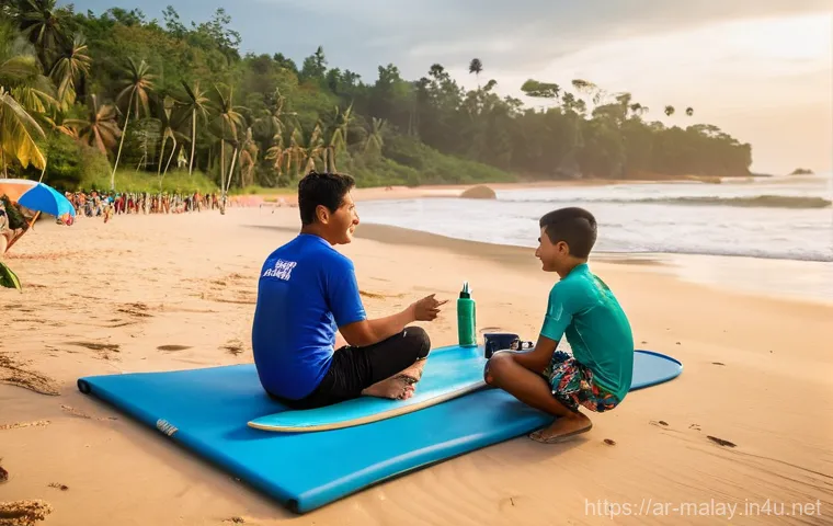 말레이시아 초보자를 위한 서핑 가이드 - **"First Wave Joy in Cherating"**: A vibrant, wide-angle shot of a young adult, appearing to be an A...