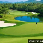 말레이시아의 골프 코스와 회원권 - A panoramic view of a Malaysian golf course set within lush tropical nature, featuring dense green f...