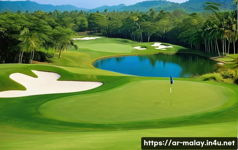말레이시아의 골프 코스와 회원권 - A panoramic view of a Malaysian golf course set within lush tropical nature, featuring dense green f...