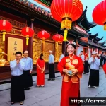 말레이시아의 소수 민족과 그들의 문화 - A vibrant scene depicting a Malaysian Chinese New Year celebration with a colorful dragon dance perf...