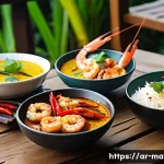 말레이시아에서 가장 인기 있는 해산물 요리 - A vibrant Malaysian seafood feast on a rustic wooden table set outdoors, featuring grilled prawns ma...