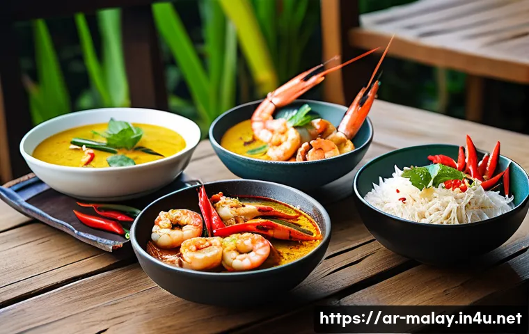 말레이시아에서 가장 인기 있는 해산물 요리 - A vibrant Malaysian seafood feast on a rustic wooden table set outdoors, featuring grilled prawns ma...