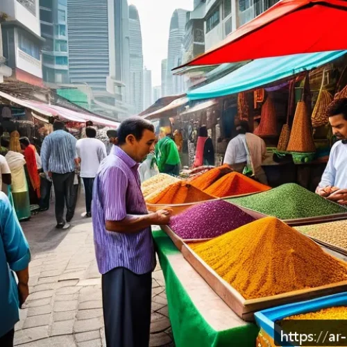 말레이시아 내 버젯 여행과 럭셔리 여행 비교 - A vibrant street market scene in Kuala Lumpur, Malaysia, bustling with diverse visitors including Ar...