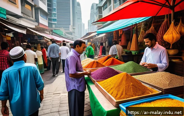 말레이시아 내 버젯 여행과 럭셔리 여행 비교 - A vibrant street market scene in Kuala Lumpur, Malaysia, bustling with diverse visitors including Ar...