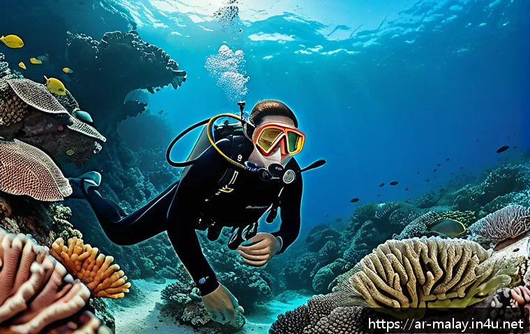 말레이시아 다이버를 위한 다이빙 포인트 - A vibrant underwater scene in Langkawi featuring a diverse coral reef teeming with colorful tropical...