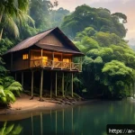 말레이시아 숲속 리조트 체험 - A serene Malaysian rainforest resort scene at dawn, showcasing a traditional wooden cabin perched be...