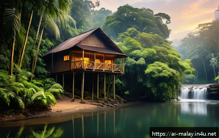말레이시아 숲속 리조트 체험 - A serene Malaysian rainforest resort scene at dawn, showcasing a traditional wooden cabin perched be...